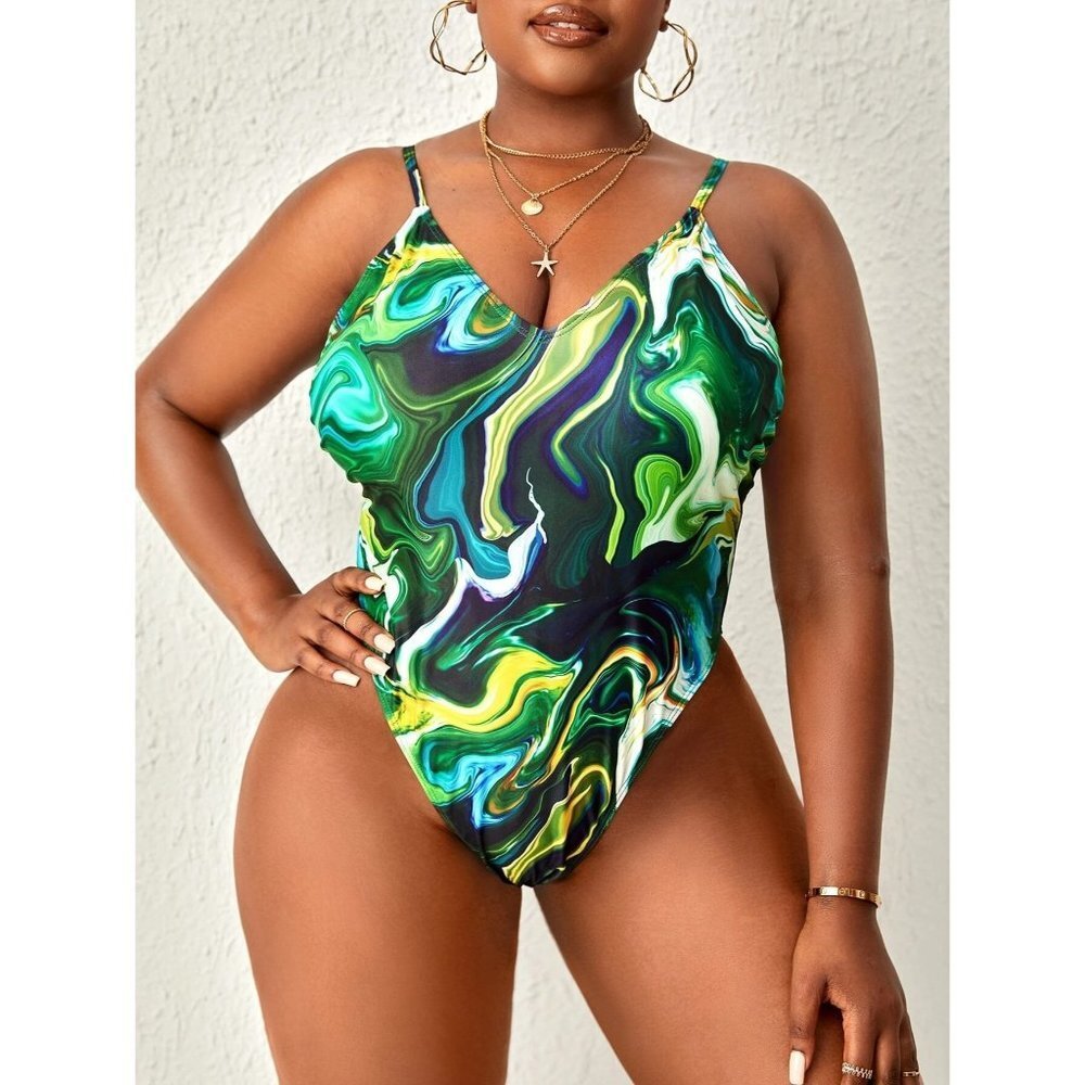 NEW SHEIN Plus Marble Print Crisscross Backless High Cut One Piece Swimsuit Size - Picture 5 of 9